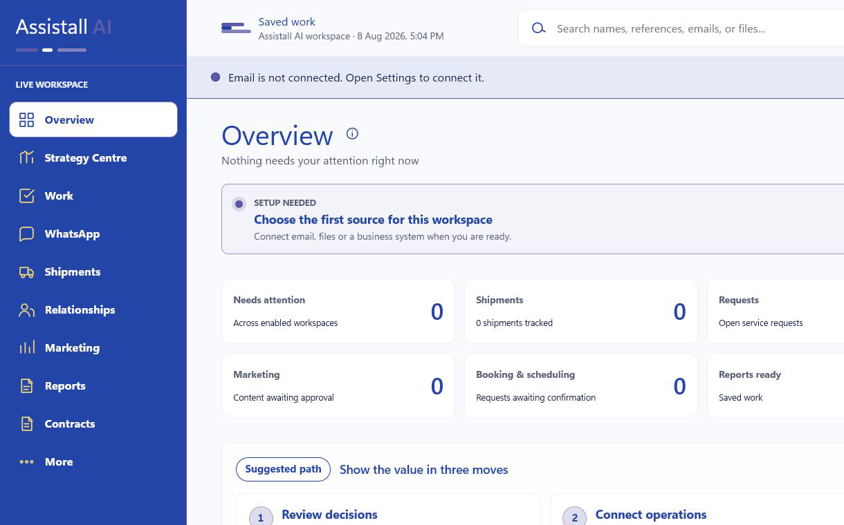 Assistall AI workspace in the Cobalt Blue theme