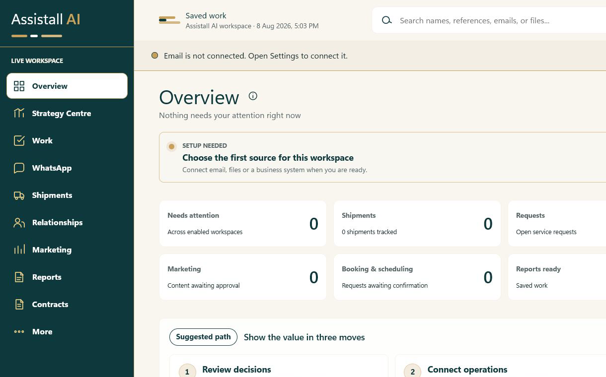 Assistall AI workspace showing an overview, work areas and reports