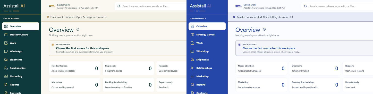 Assistall AI workspace in the Assistall brand look and the Cobalt Blue theme